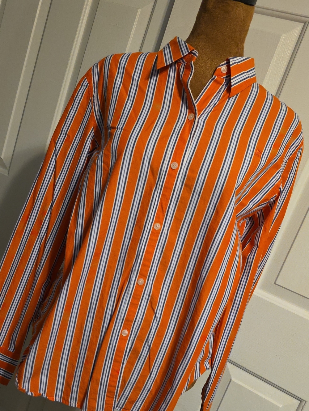 Chaps Orange, White & Navy Vertical Stripe Button-Down Shirt